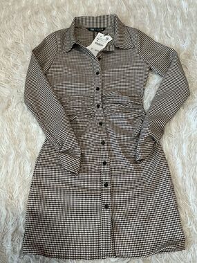 Zara Black and White Houndstooth Long-Sleeve Shirt Dress